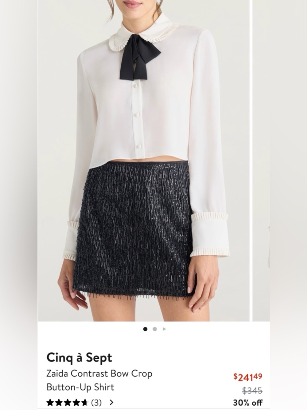 cinq a sept Zaida Contrast Bow Top White Button Up Blouse with Black Bow Cropped